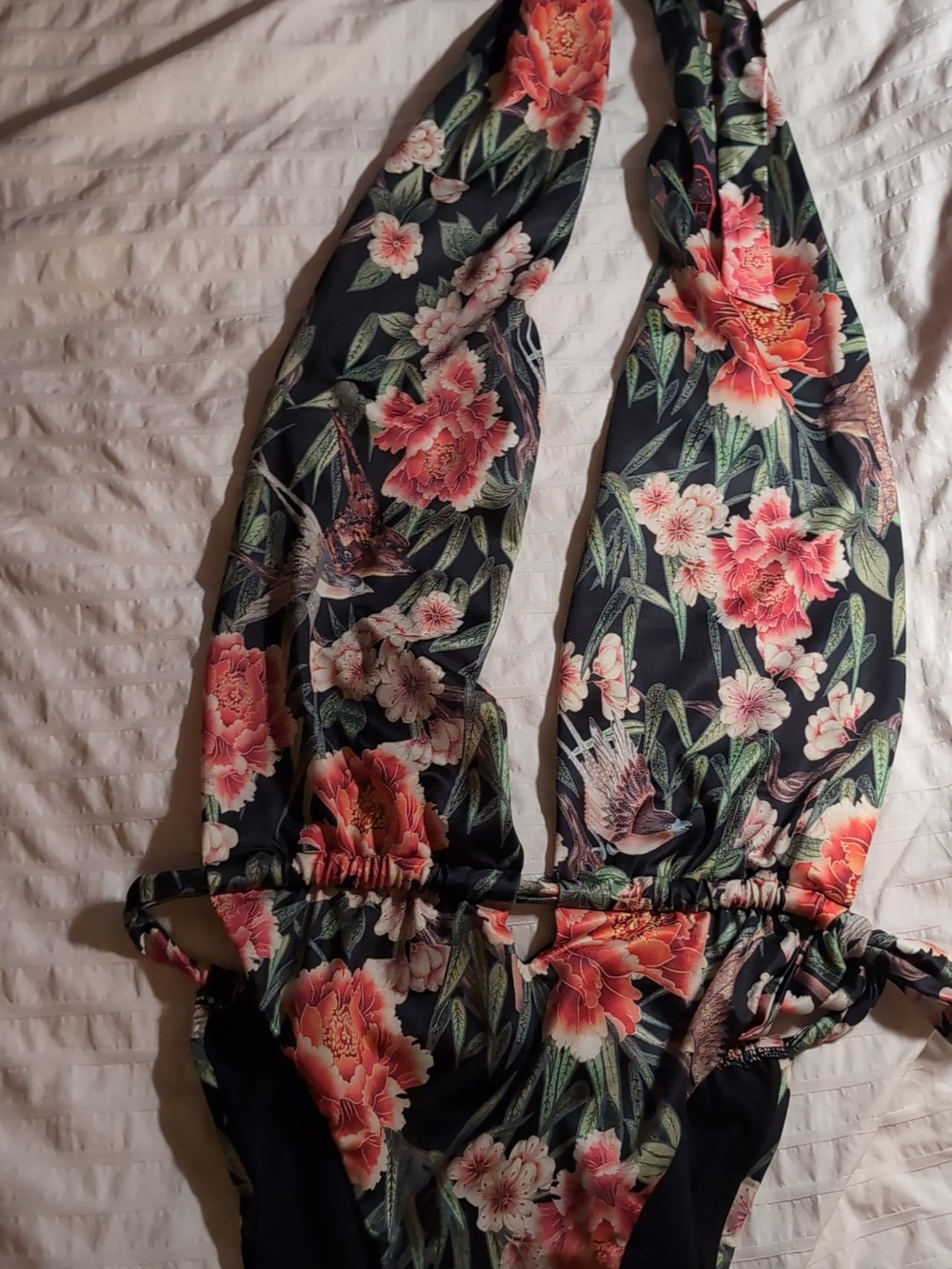 Black Halter One-Piece Swimsuit with Pink Floral Print - Picture 2 of 6